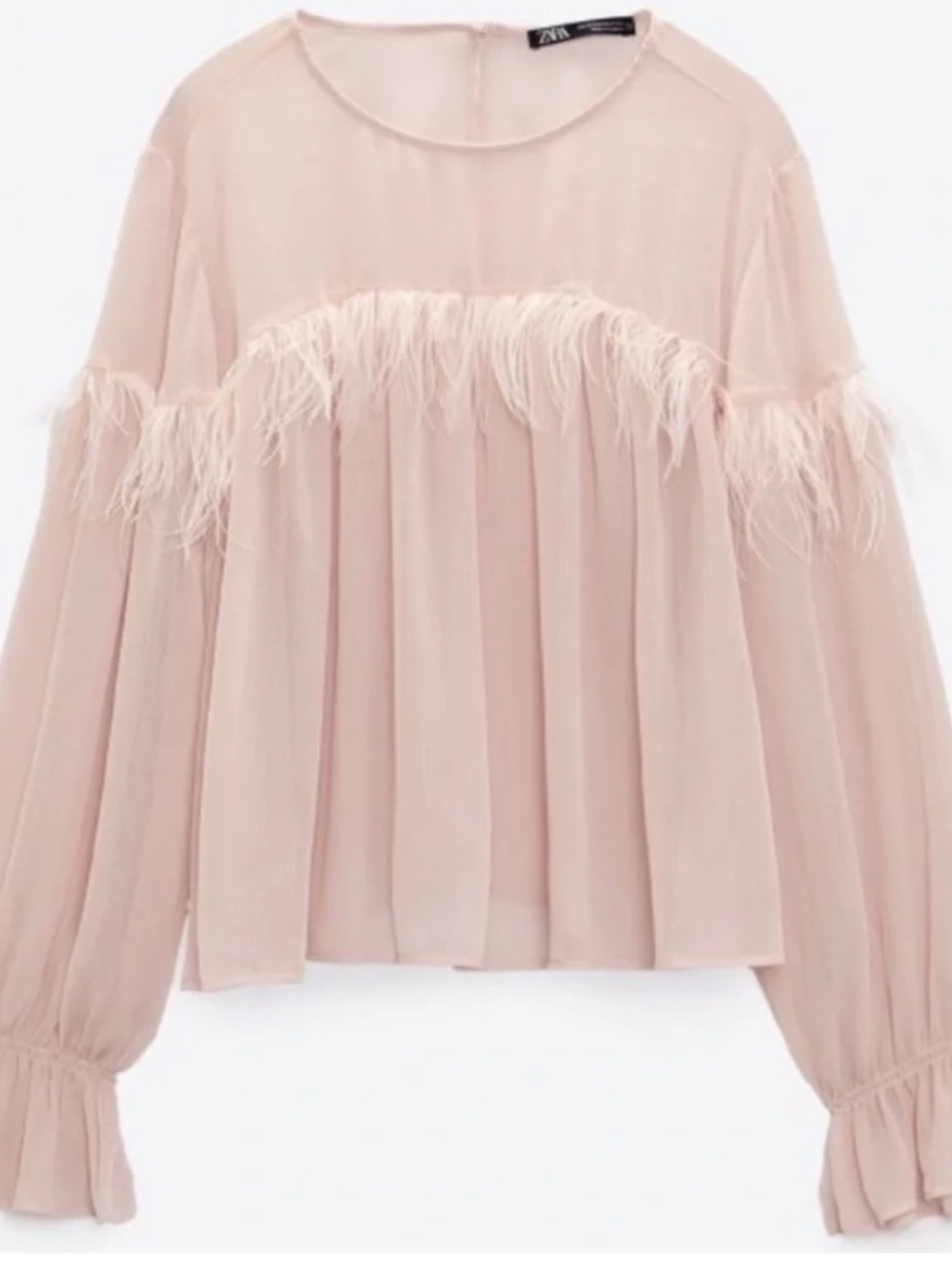 Zara Pale Pink Feather-Trim Peasant Blouse